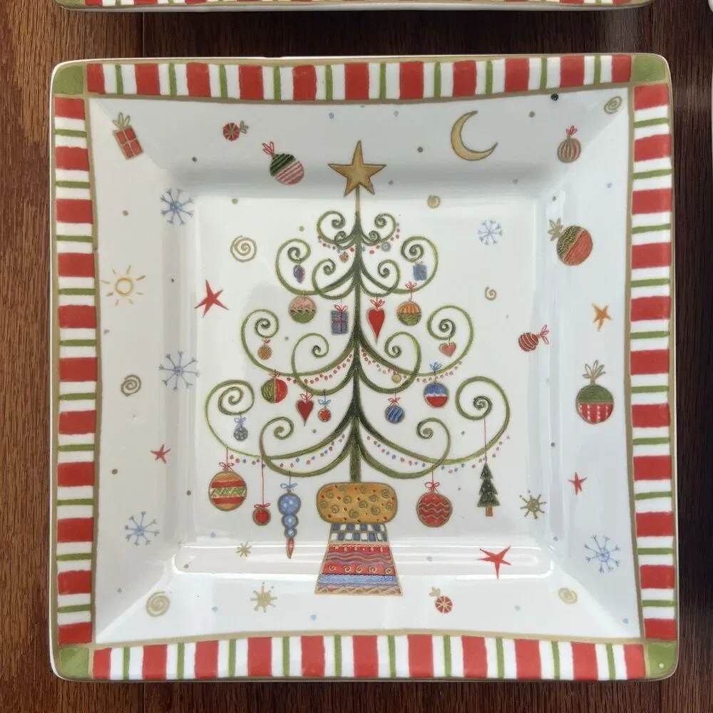 222 Fifth Christmas Plates Set of‎ 4 Square Whimsical Folk Art- Style